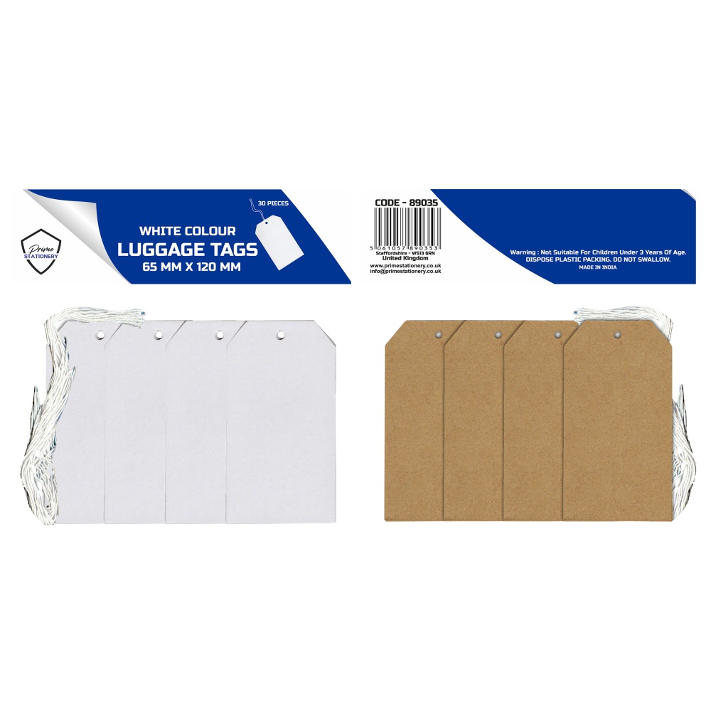 Prime White Luggage Tags 65mm x 120mm Pack of 30